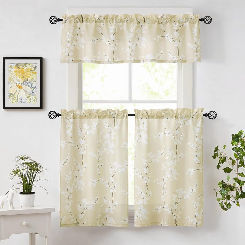 FMFUNCTEX Beige Kitchen Tier Curtains 24 Inch Length Windows White Blossom Print Light Filtering Privacy Tiers for Bathroom Living Room Privacy Small Café Curtain 2 Panels - Image 2